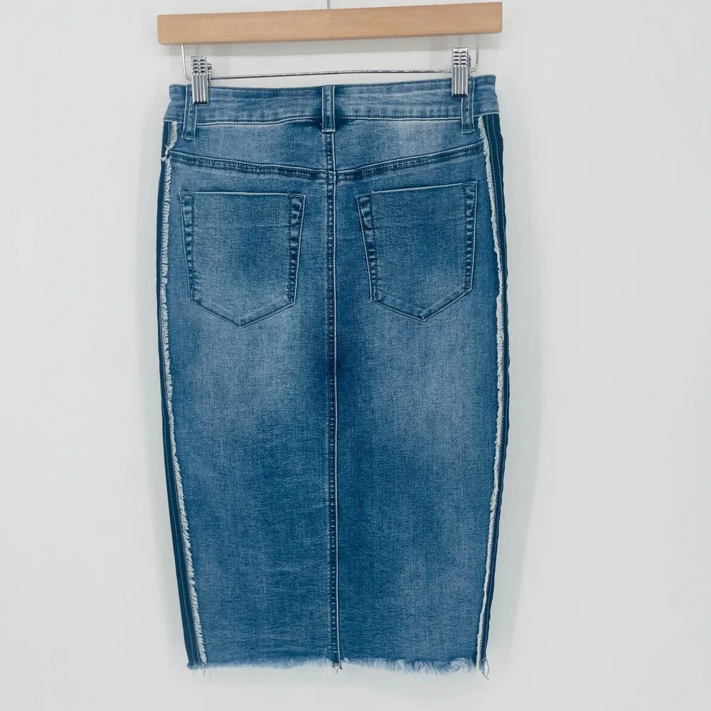 LITZ Denim Two Tone Distressed Midi Skirt Blue Frayed Side Stripe size S‎ Y2K